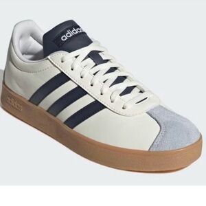 Adidas VL Court Base Sneakers in White and Navy with Gum Sole